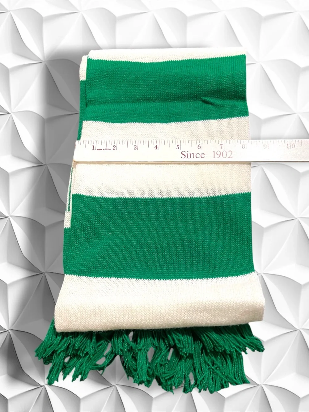 Vintage 7-Up Striped Knit Scarf Green White Fringed Retro 70s 80s Soda Promo